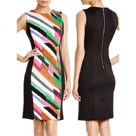 Calvin Klein Black Multi-Color Scuba Stretch Sheath Dress Size 12 Office Career‎ - Picture 7 of 7